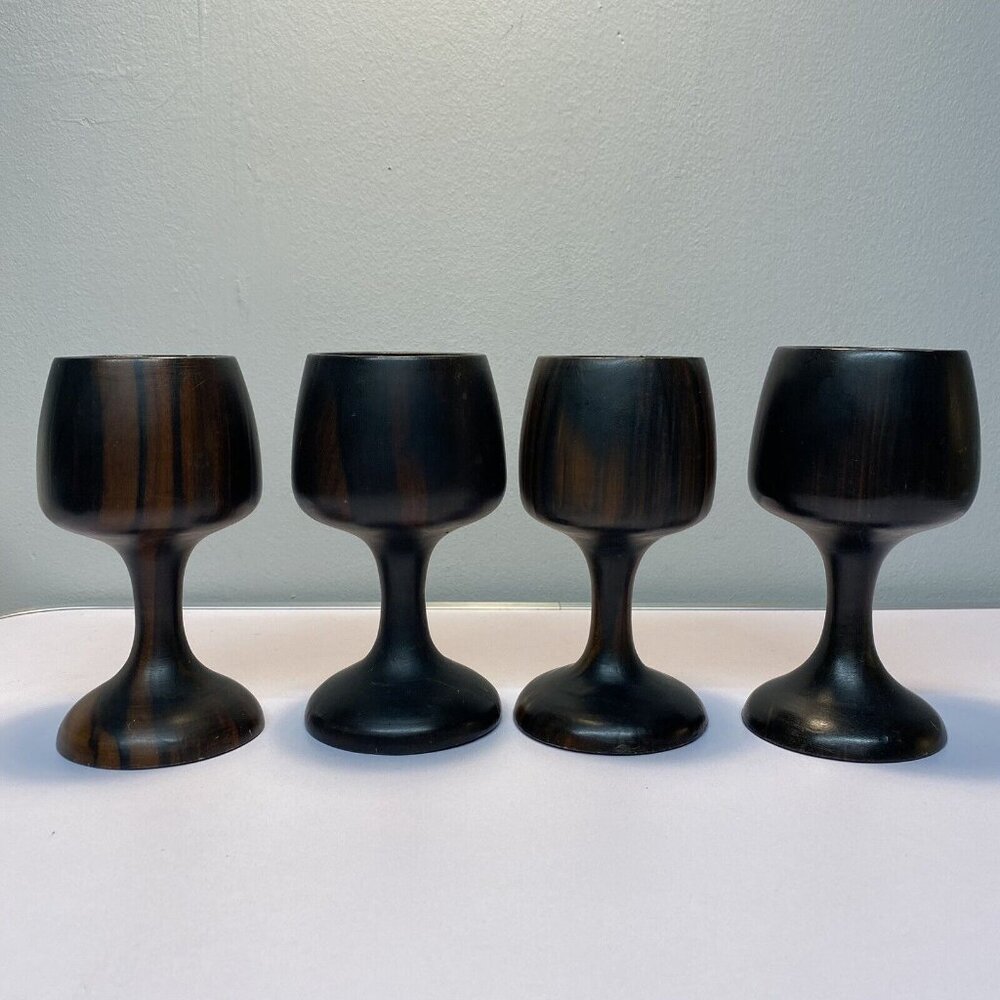 Vintage Set of 4 Dark Wooden Stemmed Wine Goblets Hand turned Mid-Century Modern - Picture 2 of 16
